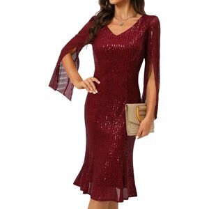 COOAN Sequin Cocktail Formal Fishtail Dress Red S